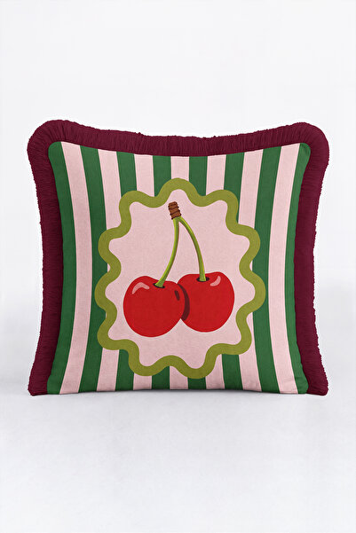 Evimde Bambaşka Retro Striped Cherry Motif Fringed Pillowcase - Bohemian Pink...