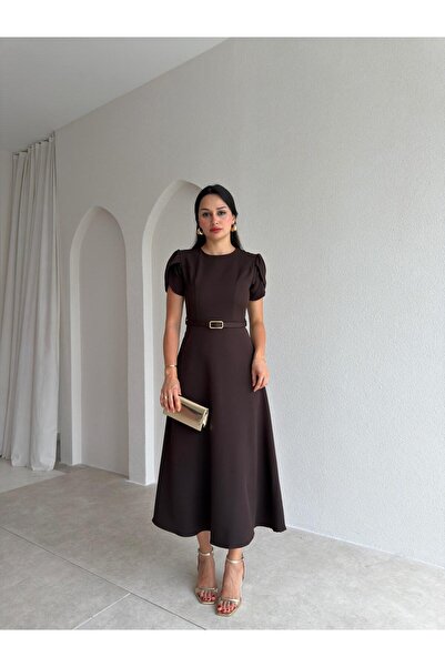 Mooi Butik فستان ALORAH ميدي بحزام 3679 - بني غامق