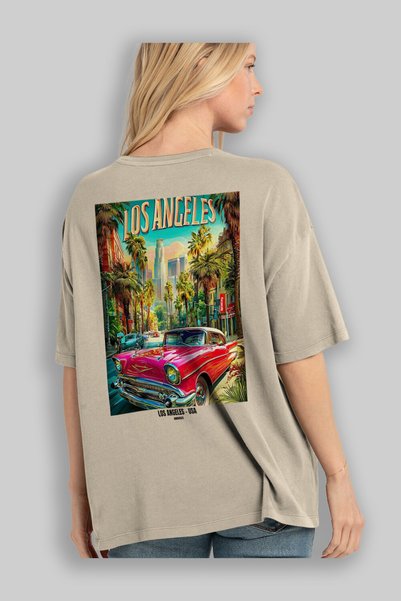 Ankhises Los Angeles Usa Beige Oversize Country City Back Printed Unisex T-Shirt 100% Cotton Premium