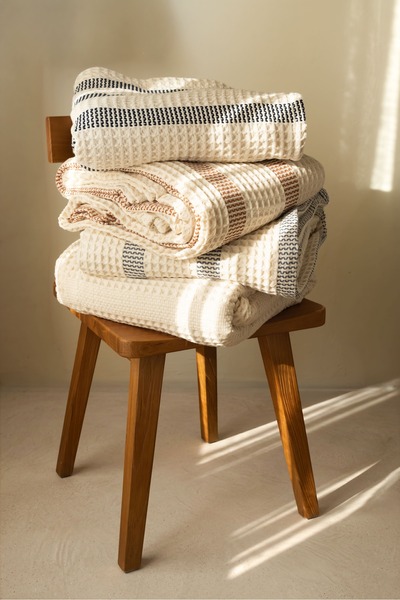 Bej Home Cream Color Navy Blue Striped Waffle Double Pique / Bedspread 220X240