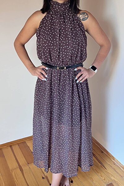 Halter Yaka Puantiyeli Şifon Elbise