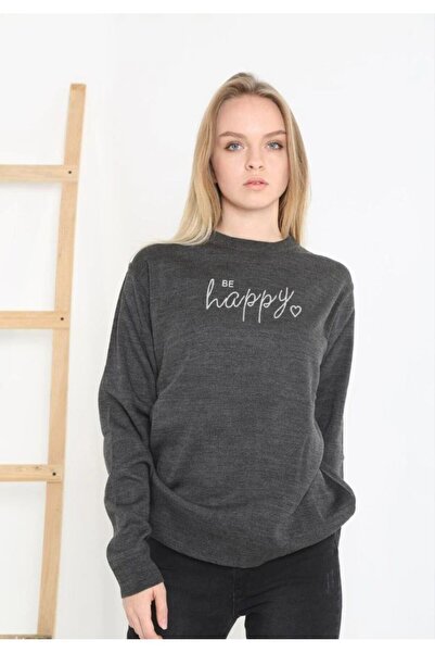 Generic Brand Women's Crew Neck Sweater Printed Woven Knitwear - Smoked
