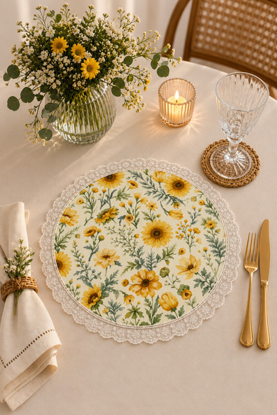 ALAMODECOR Yellow Floral Lace Edged Round American Service Set of 6