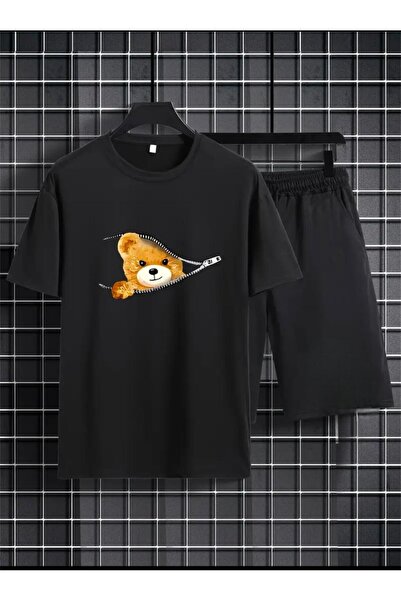 Boi Zipper Teddy Bear Pattern Printed T-Shirt Shorts Loose Fit Comfortable Fi...