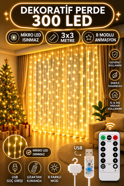 Light Home 3x3 Metre 300 LED USB Perde LED Kumandalı 8 Modlu Gün Işığı Dekora...