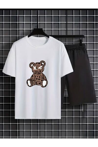 Boi Patterned Teddy Bear Printed T-Shirt Shorts Loose Fit Comfortable Fit Bla...