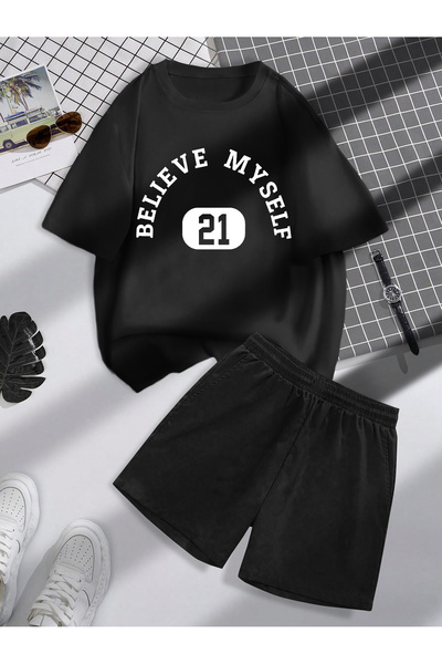 LUMSHİNE Believe 21 T-Shirt Shorts Set - Black Printed Oversize Crew Neck