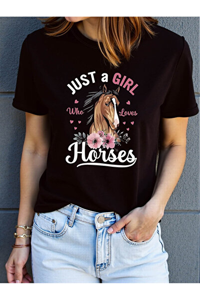 12 HERTZ Just A Who Loves Horses Graphic Print Shirt Women's Spring Summer Sh...
