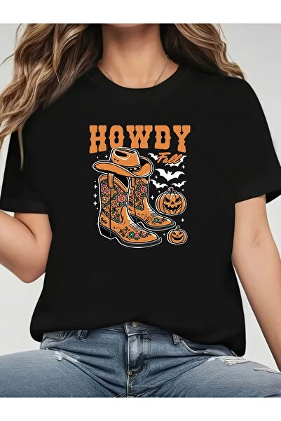 LİNA06 تي شيرت نسائي، تصميم إبداعي مطبوع عليه HOWDY Fall Boots Pumpkin Wester...