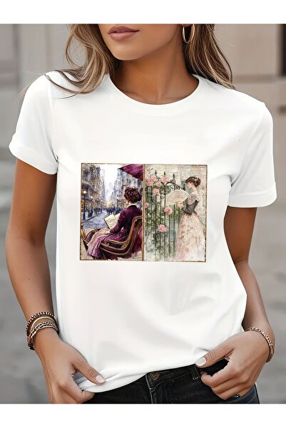 212Wear تي شيرت نسائي كاجوال بطباعة دفتر يوميات فيكتوري عتيق، بأكمام قصيرة وي...