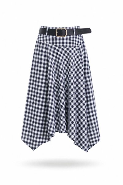 5in1Canpolat Navy Blue Belted Asymmetrical Cut Skirt 39758