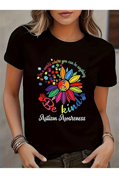 212Wear تي شيرت نسائي للتوحد بتصميم "Be Kind" مع رسومات أيادي ملونة بالزهور، ...