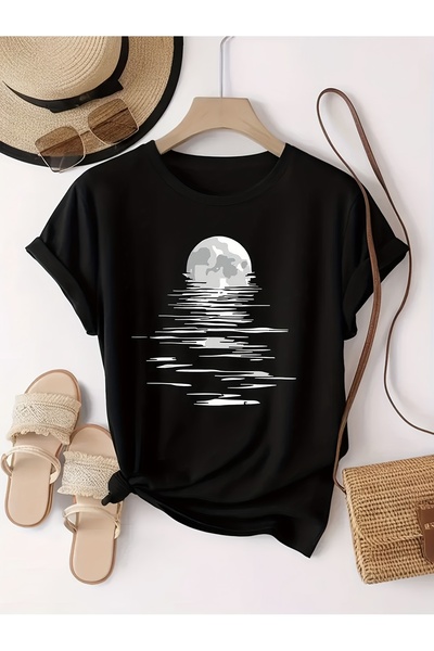 212Wear تي شيرت نسائي مطبوع بأكمام قصيرة بنمط القمر، بلوزة كاجوال برقبة دائري...