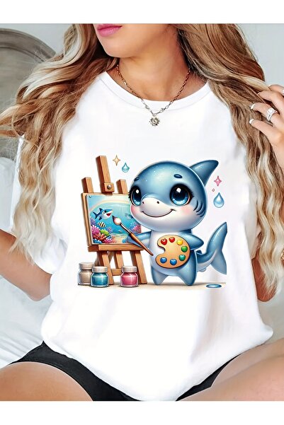 212Wear تي شيرت مطبوع بأكمام قصيرة بتصميم سمكة القرش اللطيفة، بلوزة صيفية كاج...