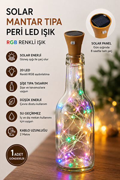 TrendDeco Güneş Enerjili Solar RGB Mantar Tıpa Peri Led Işık 2 Metre Şişe Dek...