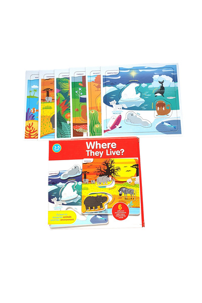 OEM Puzzle de asociere Habitat-Animale, 6 planse x 3 piese, +3 ani