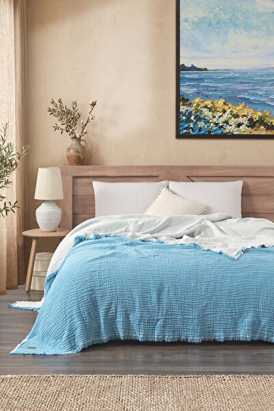 Naturosa Cozy Filled Muslin Bedspread & Blanket & Multi-Purpose Coverlet Turq...