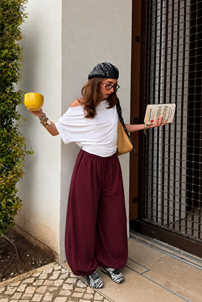 Seeh Burgundy Waist Tie Elastic Cuffed Shalwar Trousers Sh390