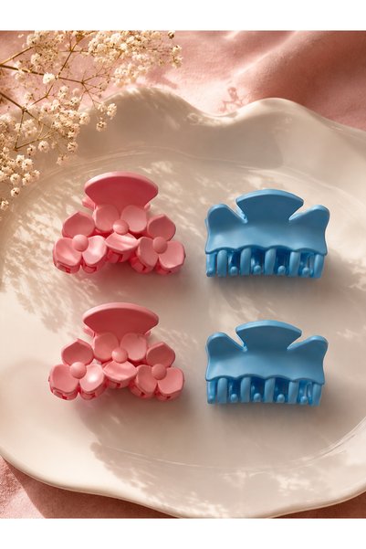 karmabijuteriaksesuar Set of 4 Latch Hair Clips Floral Women's Hair Clips Medium Size Pink Blue Set