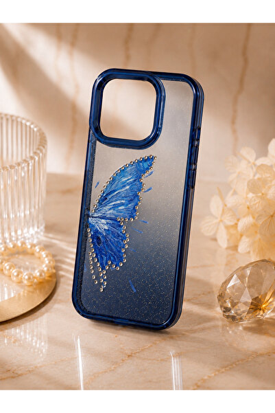 botyco Iphone 15 Pro Max (6.7 inç) Uyumlu Simli Şeffaf Kelebek Desenli Renk G...