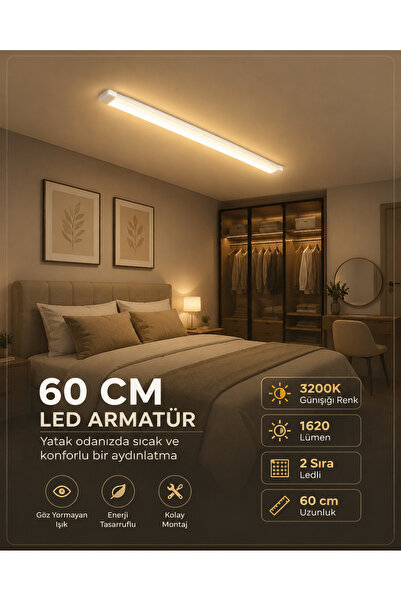 WallLed 60 Cm 18 Watt Ledli Yatay Bant Armatür Günışığı 3200K 1620 Lümen Yüks...