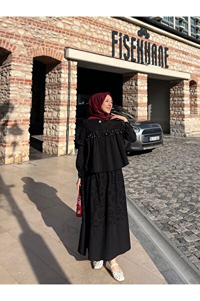 PİNK FLY Ruffled stone embroidered skirt and shirt set