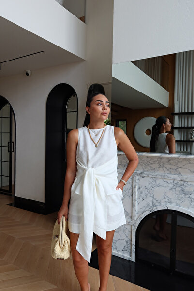 Özge Özgenç 100% Linen Shirt with Waist Belt