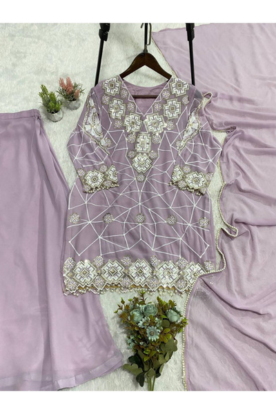 MYSMAR Lavender Georgette Embroidered Palazzo Set - FFT7824 | Lavender-Size:S...