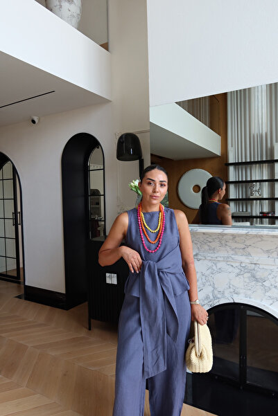 Özge Özgenç 100% Linen Shirt with Waist Belt