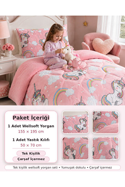 Berrak Home Ev İçin Herşey Pembe Unicorn Desenli Tek Kişilik Wellsoft Yorgan ...