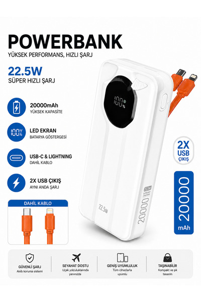RAYLAX 20000mAh 22.5W Süper Hızlı Şarj Powerbank Kendinden Dahili USB-C & Lig...