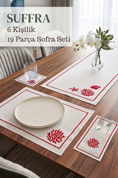 SUFFRA 6 Kişilik Kırmızı Mercan Desenli Nakışlı 19 Parça Sofra Seti