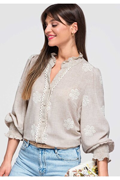 OMBRE Damenbluse, Lässige Passform, Langarm, V-Ausschnitt OW-SH-E0054