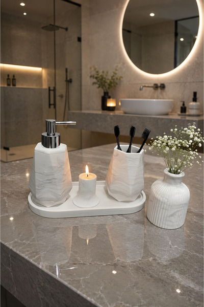 Lyzovi 5 Parça Mermer Desenli Lüks Banyo Seti | Sabunluk, Fırçalık, Tepsi, Mu...