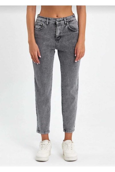 ByCukurovaFrango Women's Gray High Waist Mom Jean Pants Stretchable