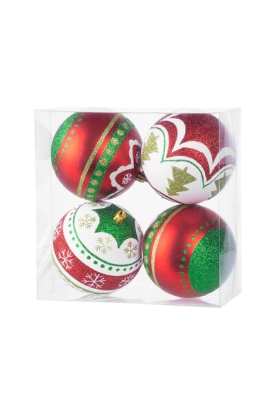Strend Pro Set de 4 globuri de Crăciun Ø10 cm roșu-verde-alb cu detalii contr...