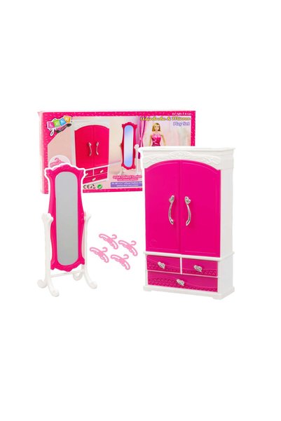 LEAN Set mobilier păpuși, dulap și oglindă, roz/alb, 29 cm, 28109