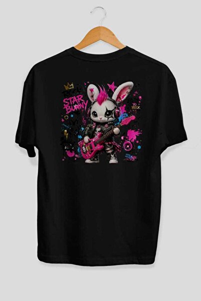 Ankhises Μπλουζάκι Rock Star Bunny Oversize με στάμπα στην πλάτη, μαύρο, Unis...
