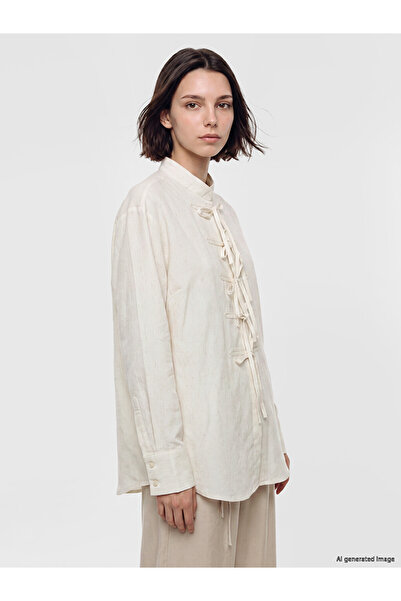 LC Waikiki Lcw Modest Ecru Lace-Up Linen Blend Women's Shirt Tunic