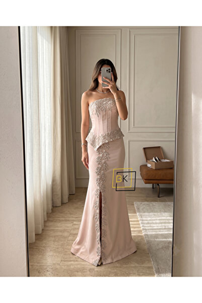 Generic Crystals Embellished Corset Peplum Evening Gown with Beaded Side Slit...