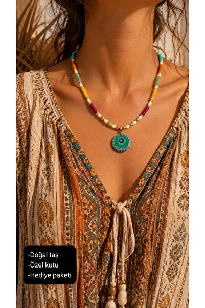 HER ŞEY NOTA www.herseynota.com Natural Stone Evil Eye Motif Handmade Bead Ne...