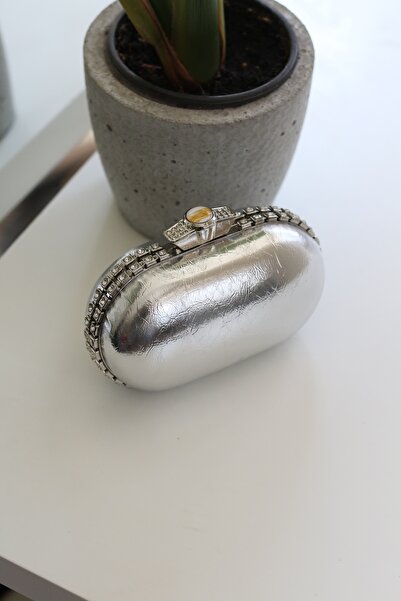 Moom Bag Women's Silver Shiny Stone Detailed Chain Case Evening Dress Bag