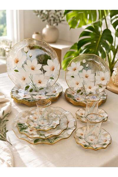 Glass 30 Parça Flora Elegance Servis Pasta Çay Takımı Gold