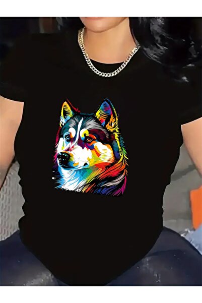 212Wear تي شيرت قطني بأكمام قصيرة مع طباعة كلب الهاسكي الملون، خفيف الوزن ومت...