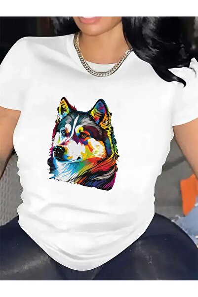 212Wear تي شيرت قطني بأكمام قصيرة مع طباعة كلب الهاسكي الملون، خفيف الوزن ومت...