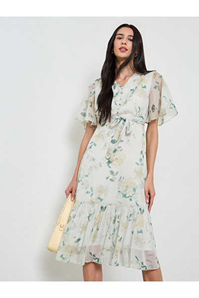 Styli Floral Print V Neck A-Line Midi Dress