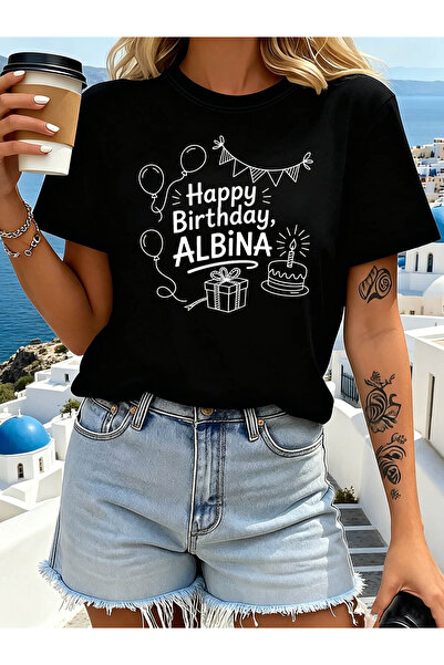 01THEONE 'Happy Birthday, Albina' Balloon And Cake Print T-Shirt for Women, R...