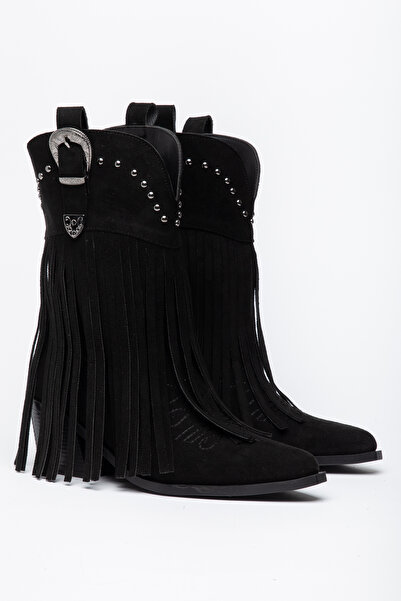 DENORA Black Matte Suede Tasseled Western Cowboy Buckle Boots