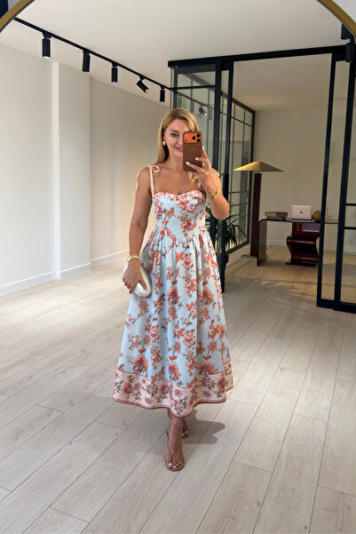 Sezgi Tekin Turquoise Linen Dress with Floral Pattern Lining and Chest Covering