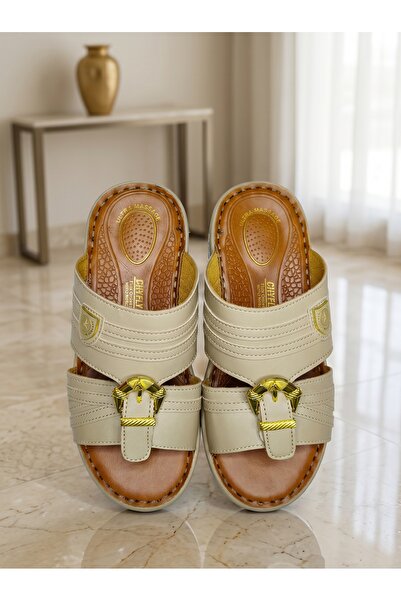 Chyfly Men Arabic Naal Sandals PU Leather Gold Buckle Ultra Massage Footbed A...